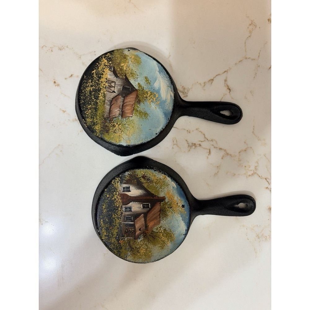 Vintage Lot of 2 Hand Painted Skillets, Southern Folk Art, Signed